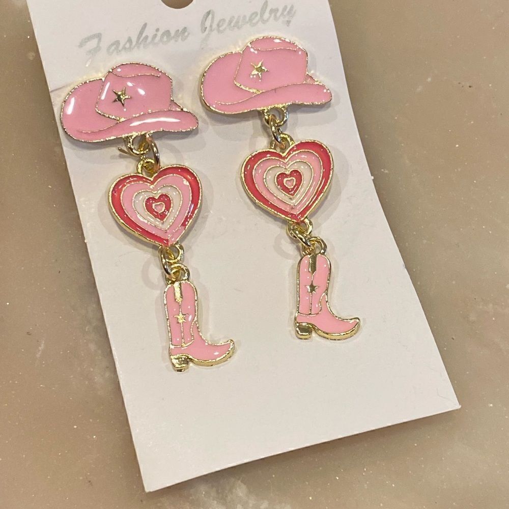Pink cowgirl boot earrings let’s go girls Nashville special bachelorette party